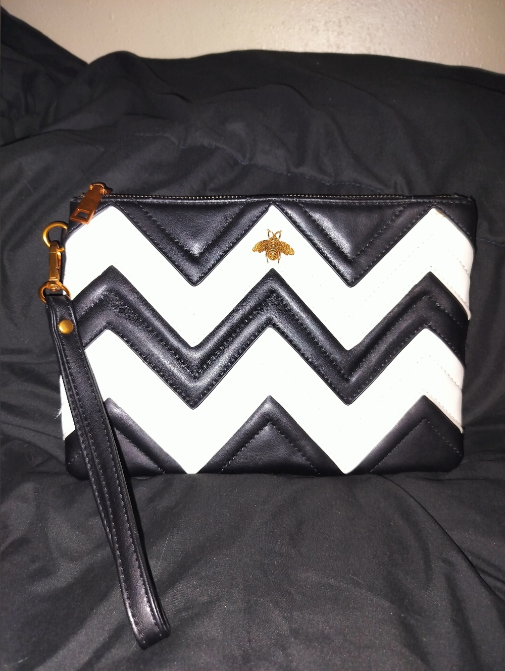 Bam Forever Black and White Chevron Wristlet Pouch with Gold Bee Accent